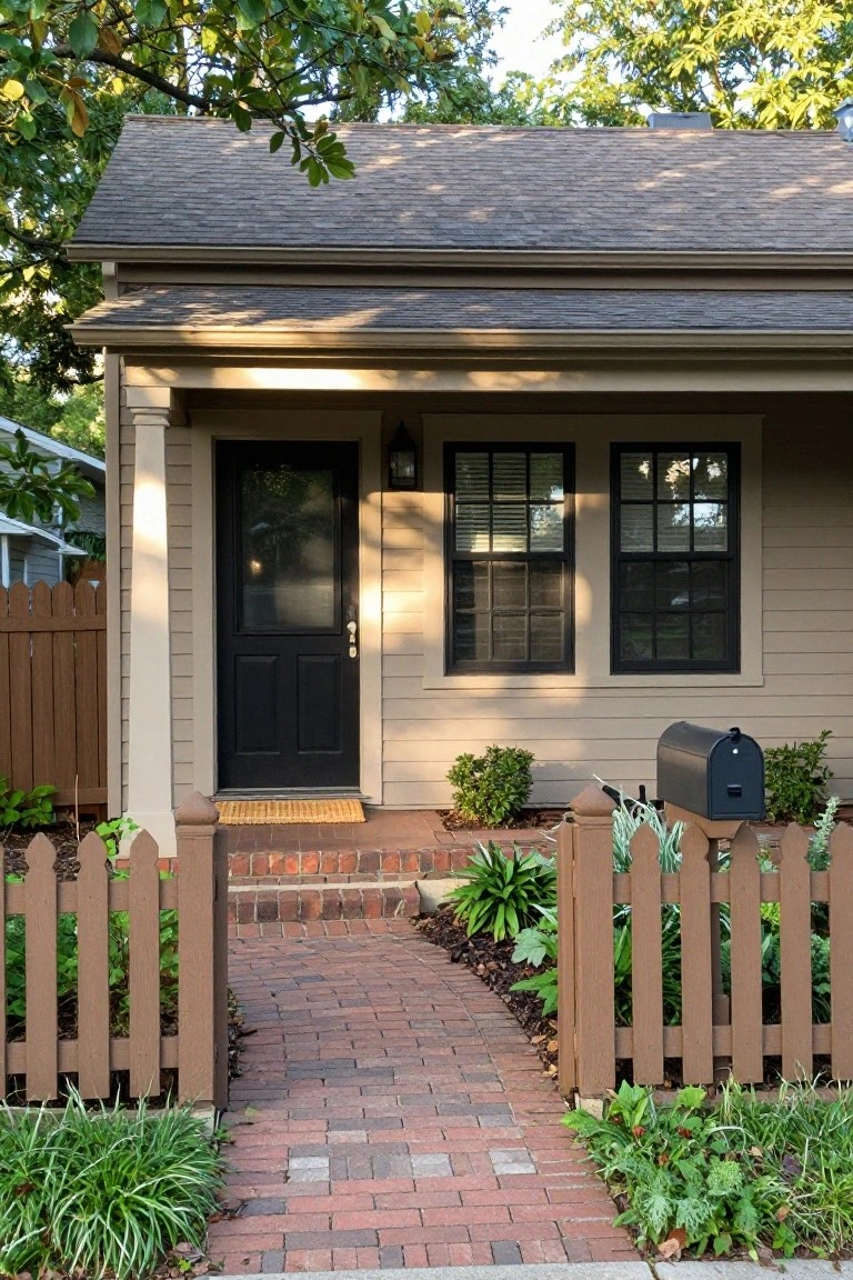 Light taupe colonial-style house with black front door, black-framed windows, small covered porch, brick pathway leading to picket fence gate, and low plants along the edges.