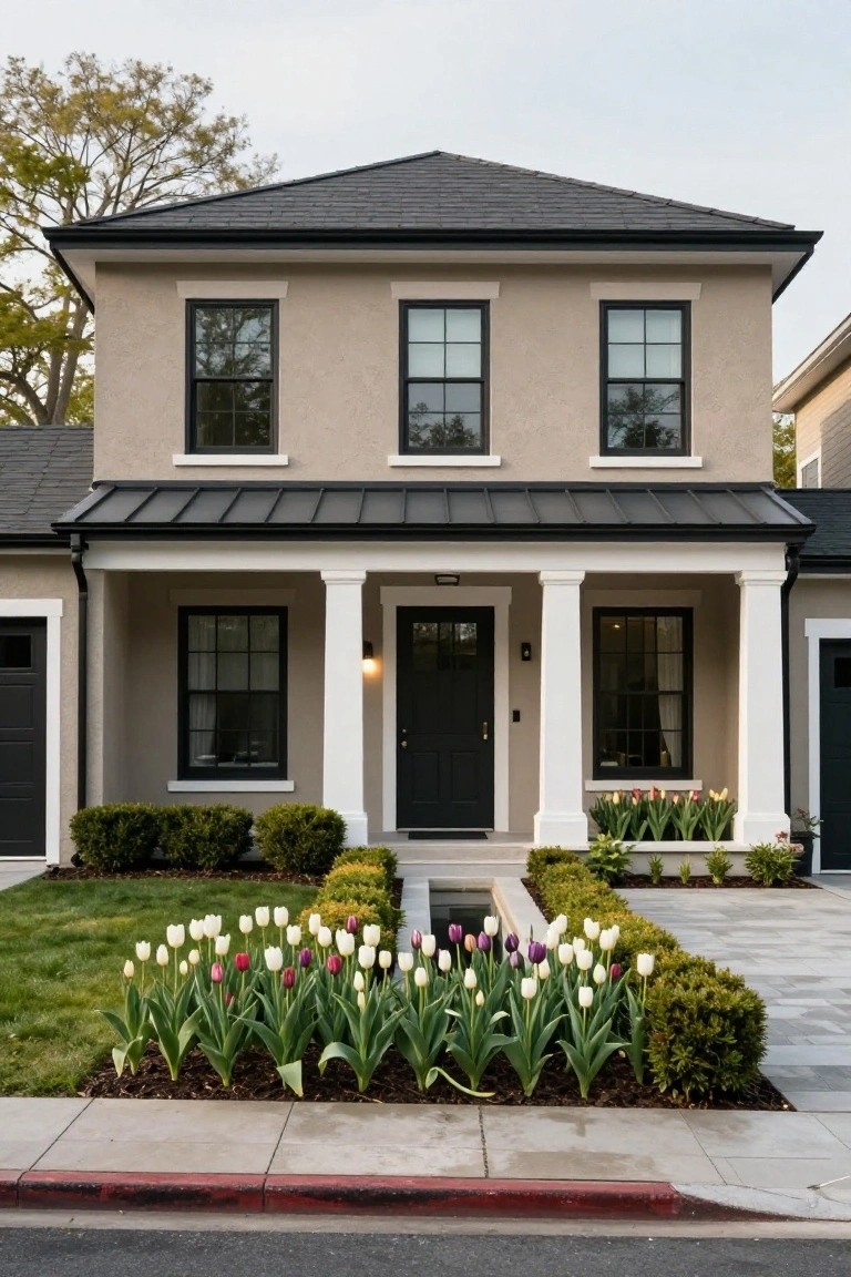 A two-story colonial house with taupe stucco walls, black-framed windows and door, dark metal porch roof and main roof, white columns on the porch, attached garages, boxwood shrubs, and multicolored tulip beds in the front yard along a concrete walkway and curb.