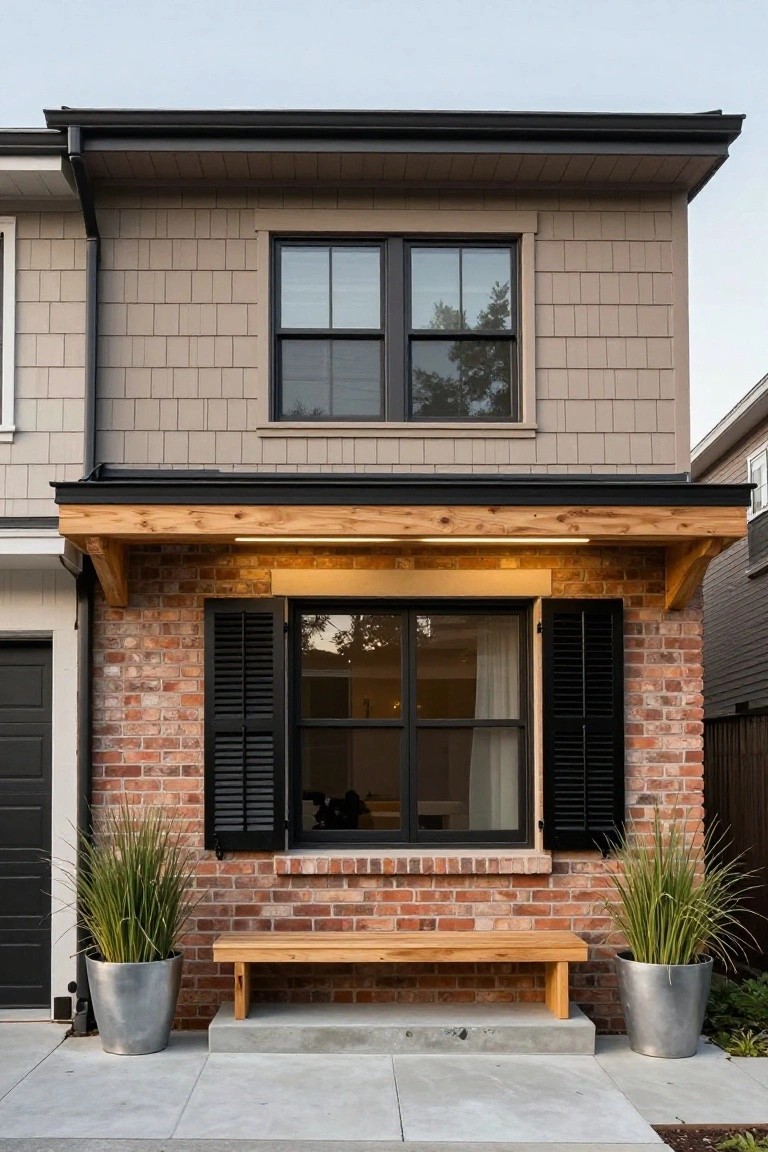 Front exterior of a house with light taupe shake siding on the upper facade, red brick veneer at the base and around the entry and garage doors, wooden porch overhang with bench, black-framed windows and shutters, flanked by metal pots of tall grasses on a concrete landing.