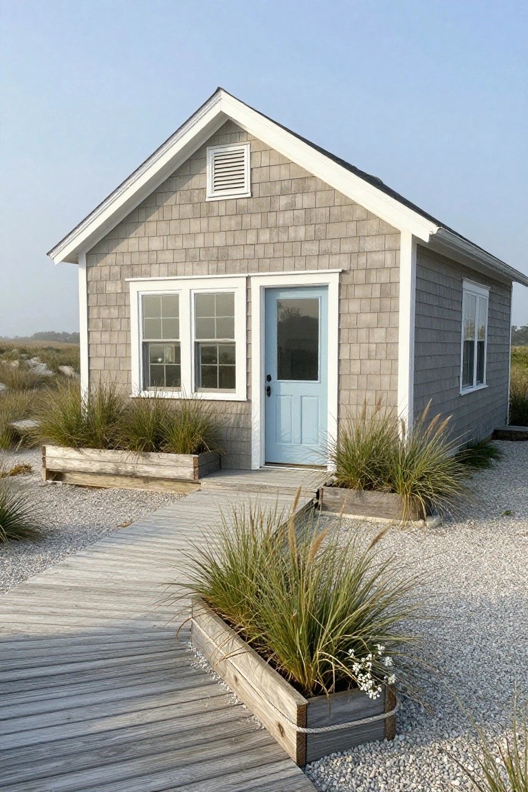 Small cottage with gray shingle siding, white trim, double casement windows, light blue front door, wooden planters filled with tall ornamental grasses along a wooden boardwalk path on gravel ground amid beach dunes.
