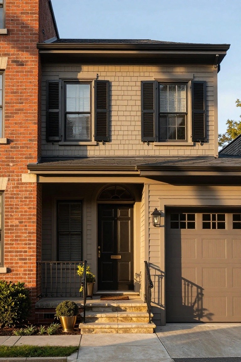Colonial house exterior with taupe shingle siding on upper levels, brick wall on left side, black shutters on windows, arched front porch with black door, and attached gray garage door.