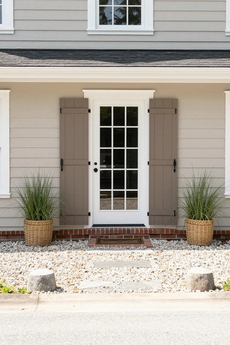 Gray clapboard house exterior featuring taupe board-and-batten shutters flanking a white glass-paneled front door, with brick stoop steps, wicker pots of ornamental grasses, gravel ground cover, and stone bollards.