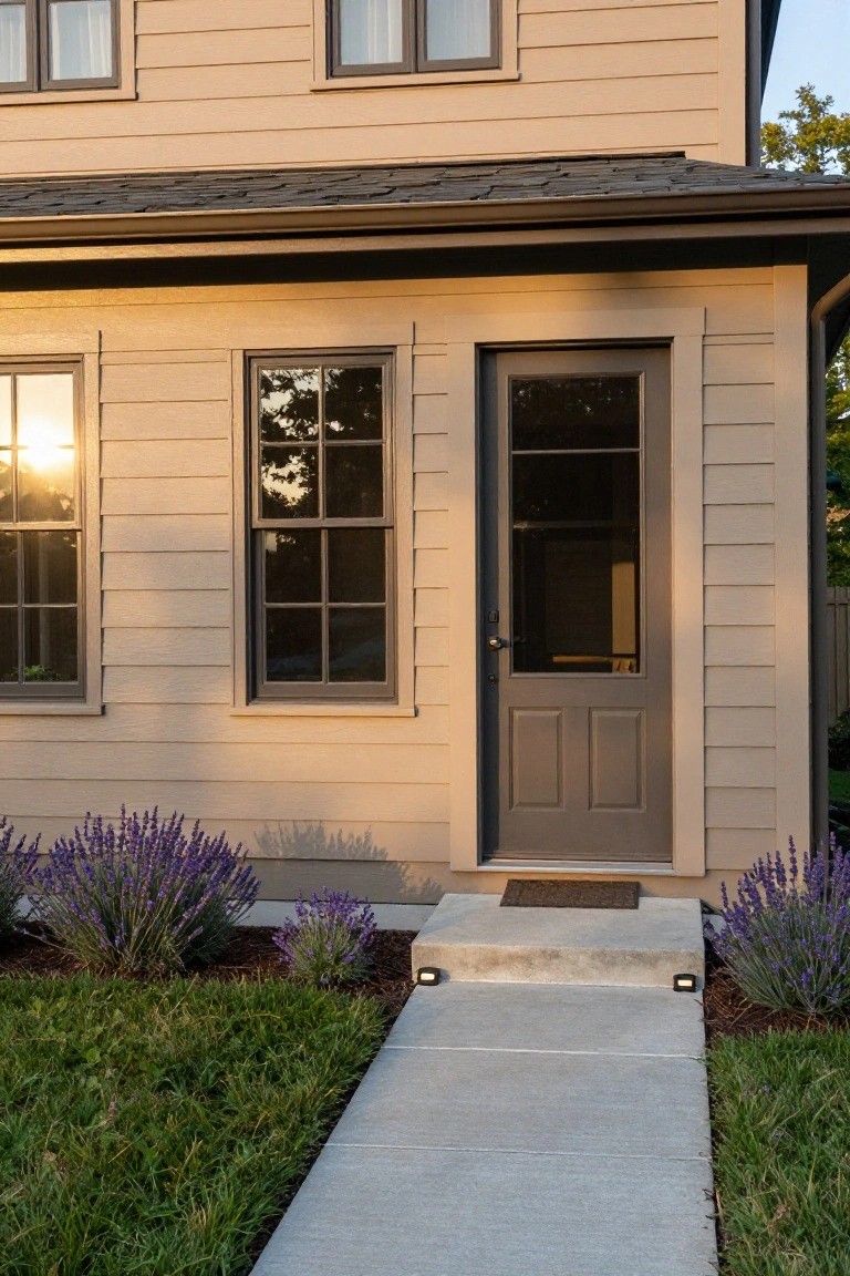 Beige taupe clapboard house exterior with dark gray paneled front door and screen door, flanked by divided-light windows, concrete pathway and steps leading to entry, bordered by lavender plants and grass lawn.