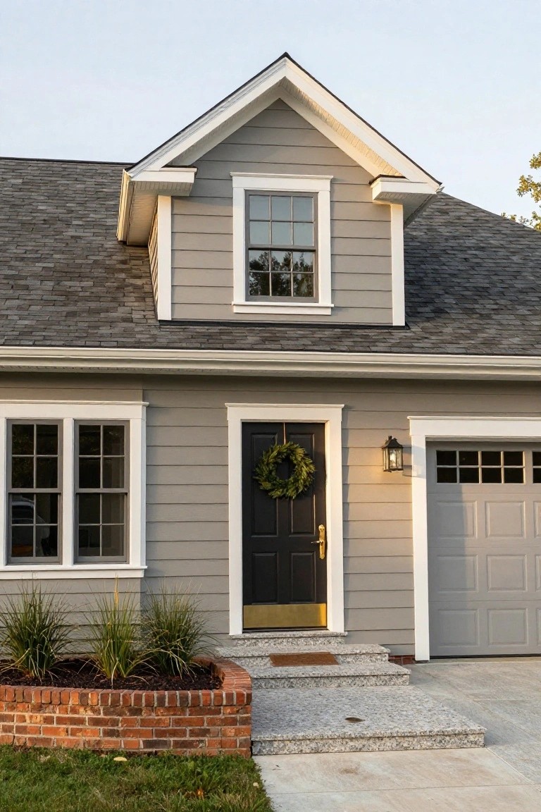 Front exterior of a colonial-style house with gray taupe clapboard siding, shingled roof, white-trimmed double-hung windows, black front door with green wreath, lantern light, gray garage door, brick planter with ornamental grasses, and granite steps.