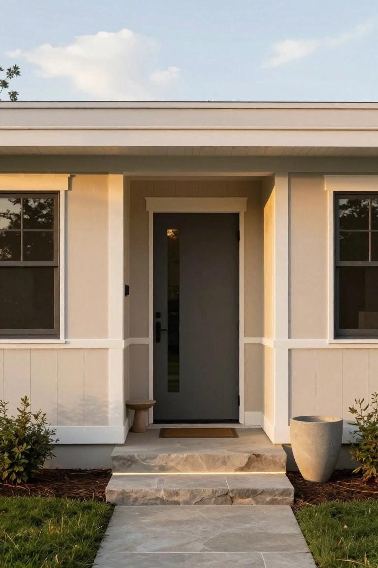 Front view of a single-story house with light taupe horizontal siding, white trim around double-hung windows and a dark gray front door with a vertical glass panel, flanked by beige planter boxes and shrubs, leading to stone entry steps on a concrete path.