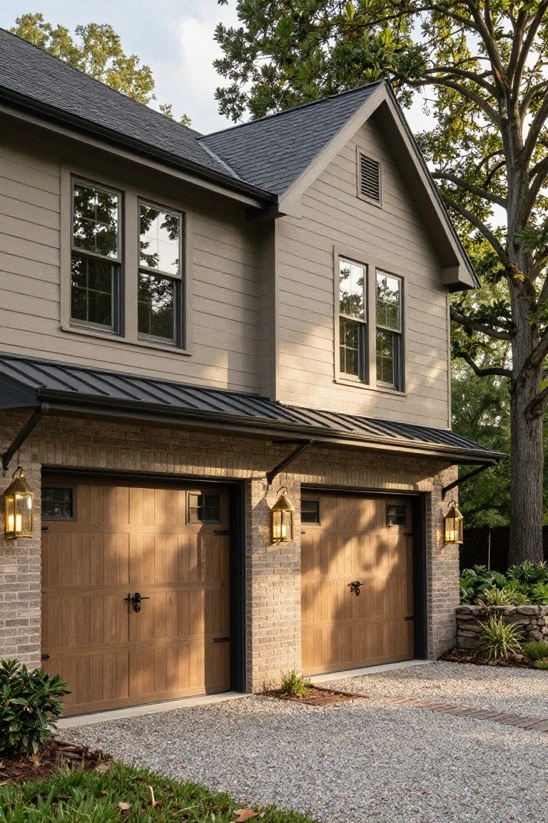 Two-car garage on a taupe-sided Colonial house with brick accents, wood paneled doors, black lanterns, metal awning, gravel driveway, trees, and low plantings.