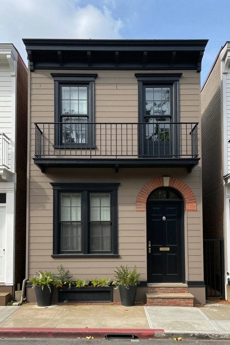 Two-story narrow colonial house with light taupe horizontal siding, black trim on multi-pane windows and doors, wrought-iron balcony railing on the upper level, brick-arched front entry with black door, potted plants beside brick steps, and adjacent white and beige houses on a sidewalk street.