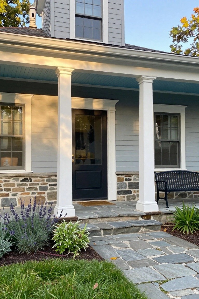 Front view of a two-story colonial house with light taupe siding, white porch columns under a blue ceiling, black front door with glass panel, stone foundation, black bench, lavender plants, and stone steps leading to grass lawn.