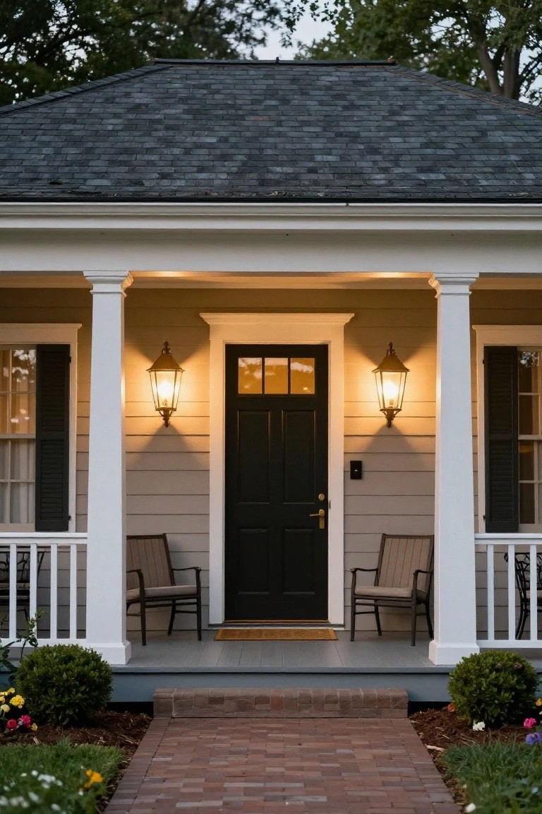 Colonial-style house exterior featuring light taupe siding, white columns on a covered porch with two armchairs, black front door with glass panels and brass knob, wall-mounted lanterns, brick pathway, boxwood shrubs, and colorful flowers.