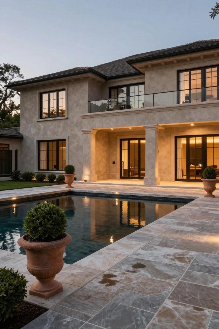 Rear view of a two-story taupe stucco house with black-framed windows, glass balcony railing, covered patio with columns, rectangular pool, travertine decking, and potted topiary plants at dusk.