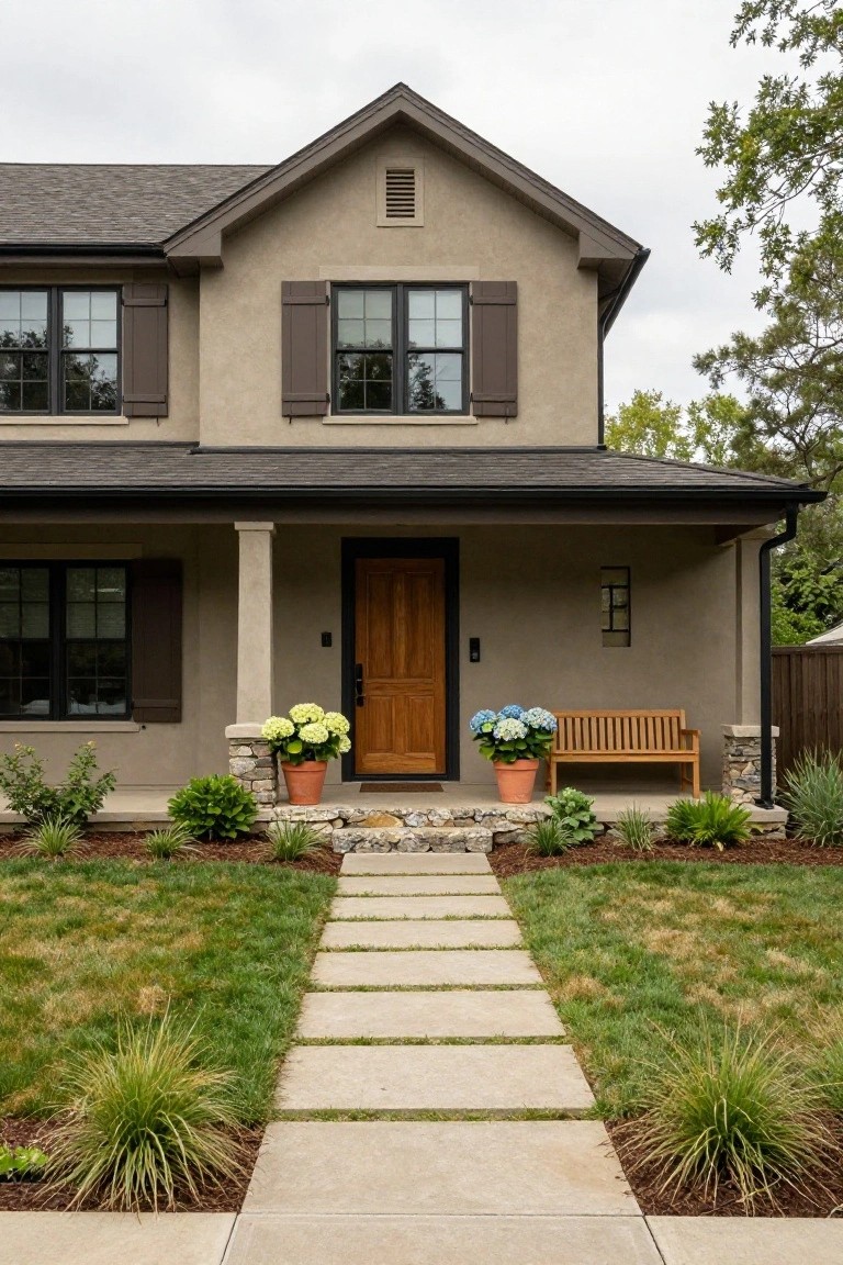 Two-story colonial-style house exterior with taupe stucco siding, black window frames and shutters, dark roof, wooden front door under a covered porch with teak bench and potted blue hydrangeas, concrete paver pathway, and low landscaping in the front yard.