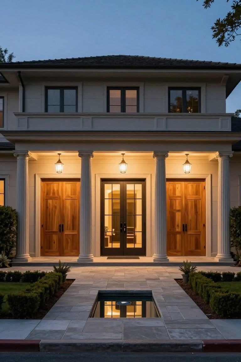 Evening photo of a two-story house facade in taupe stucco with three white Doric columns supporting a lit portico, flanked by double wood doors and a central glass door, stone pathway with reflecting pool, boxwood hedges, and lanterns.