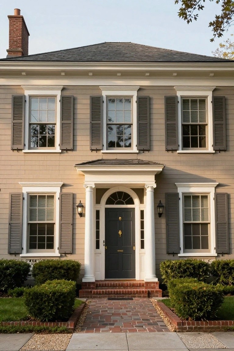 Two-story colonial house painted in light taupe with dark gray shutters, white trim, black front door under columned portico with lanterns, brick steps, boxwood shrubs, and gravel path to sidewalk.