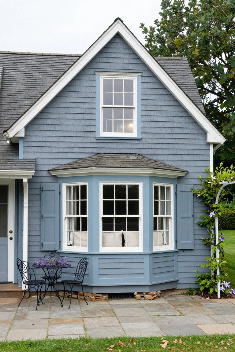 Blue shingled colonial house exterior with a bay window, double-hung upper window, front door, shutters, small wrought-iron table and chairs on stone patio, and climbing plants nearby.