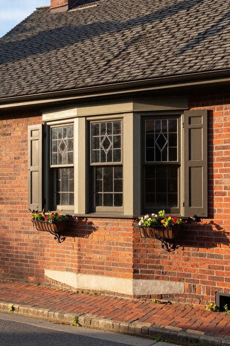Brick colonial house corner with a three-section bay window featuring diamond-patterned leaded glass panes, open wooden shutters, and two hanging metal flower boxes filled with colorful blooms, above a brick sidewalk.