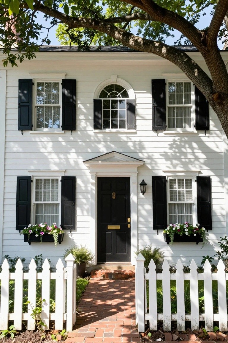 White two-story colonial house with black louvered shutters on multi-pane windows, black front door, flower boxes with pink and purple flowers, white picket fence, and brick pathway under a large tree.