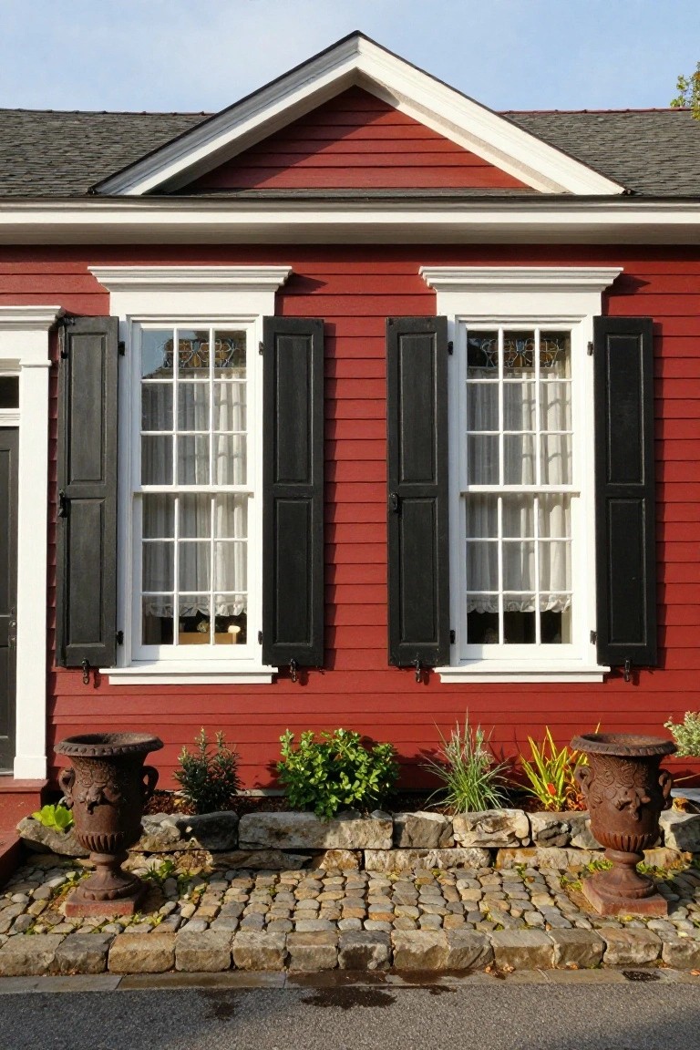 Red clapboard Colonial house exterior with white trim, black louvered shutters on double-hung multi-pane windows, flanked by potted plants and urns on a cobblestone path with stone edging.