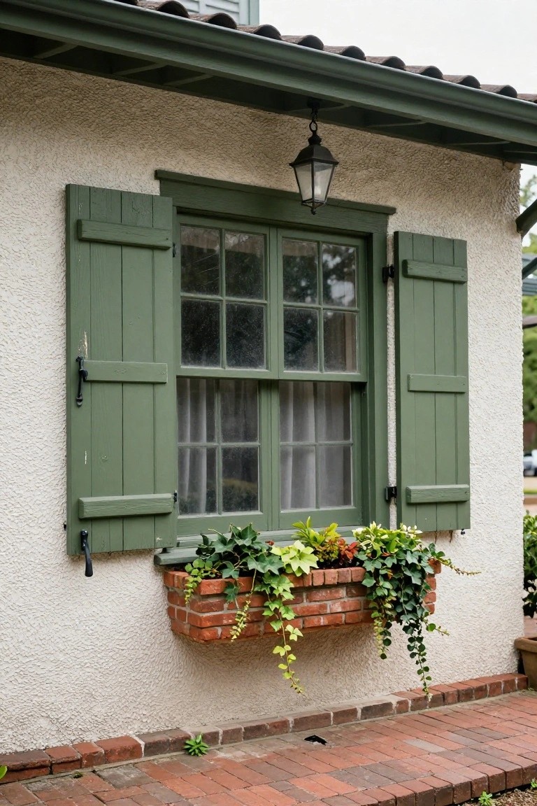 Green wooden shutters frame a nine-over-nine window on a stucco exterior wall, with a brick window box below filled with ivy and flowering plants, a hanging lantern above, and a brick path at the base.