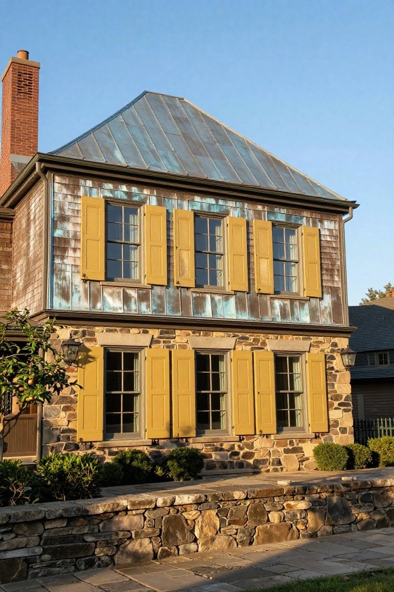 Two-story colonial house exterior with yellow louvered shutters on multi-pane windows, weathered shingle siding in gray tones, copper patina metal roof, brick chimney, stone foundation, and low landscaping along a stone wall.