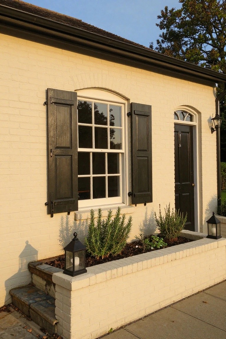 Beige brick house exterior with a tall multi-pane window flanked by open black wooden shutters, a dark wood entry door with arched fanlight, lanterns on either side, and a planted box of herbs along a low brick wall with steps leading up.