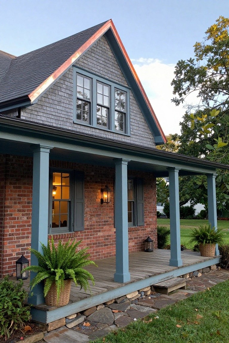 Side view of a two-story colonial house featuring dark shingle siding over a brick base, blue-trimmed multi-pane windows with gray shutters, a columned porch with potted ferns, copper roof ridge, and stone pathway.