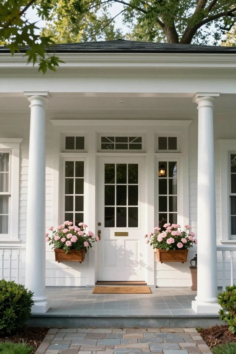 White colonial house exterior with covered porch supported by columns, central glass-paneled door flanked by sidelights, pink flower boxes hanging from columns, stone steps, and bluestone pathway.