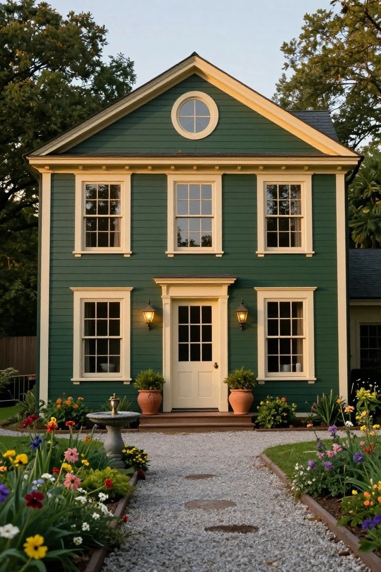 Two-story green colonial house with symmetrical six-over-six double-hung windows, yellow trim, central white door flanked by lanterns and potted plants, stone fountain, gravel path, and colorful flower beds.