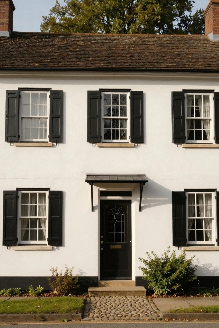 White two-story house with black shutters on multi-pane windows, black front door under a small metal porch awning, shrubs at the base, pebble path to the entry, and trees overhead.