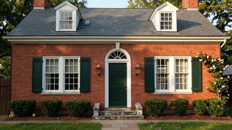 23 Colonial House Exterior Window Designs That Elevate Style A two-story red brick colonial house with green shutters on multi-pane windows, a green front door, white trim, climbing roses on one side, and boxwood shrubs in front.