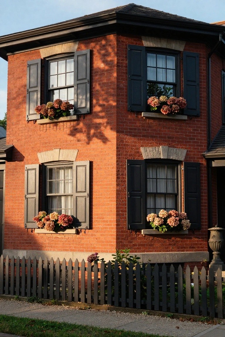 Corner view of a two-story red brick house with dark shutters on multiple tall narrow windows, each featuring wooden flower boxes filled with pink and orange hydrangeas, a black picket fence in front, and a stone urn nearby.