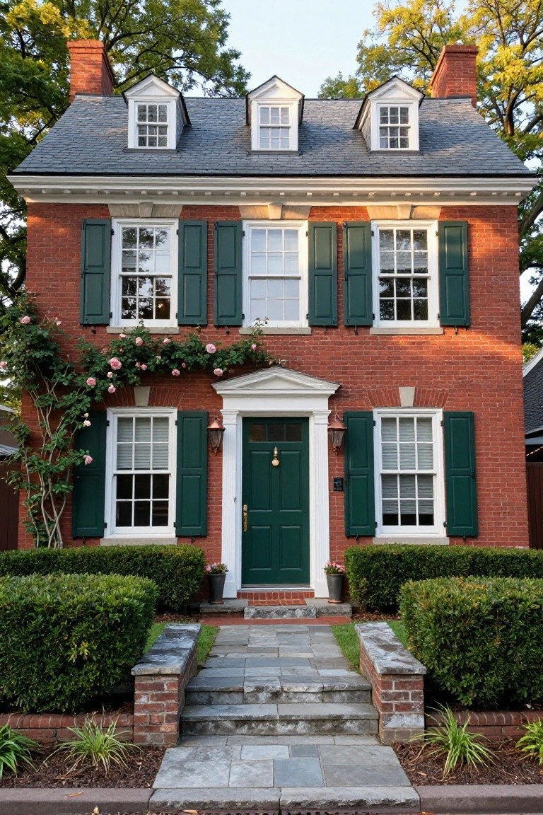 A two-story red brick colonial house with green shutters on multi-pane windows, a green front door, white trim, climbing roses on one side, and boxwood shrubs in front.