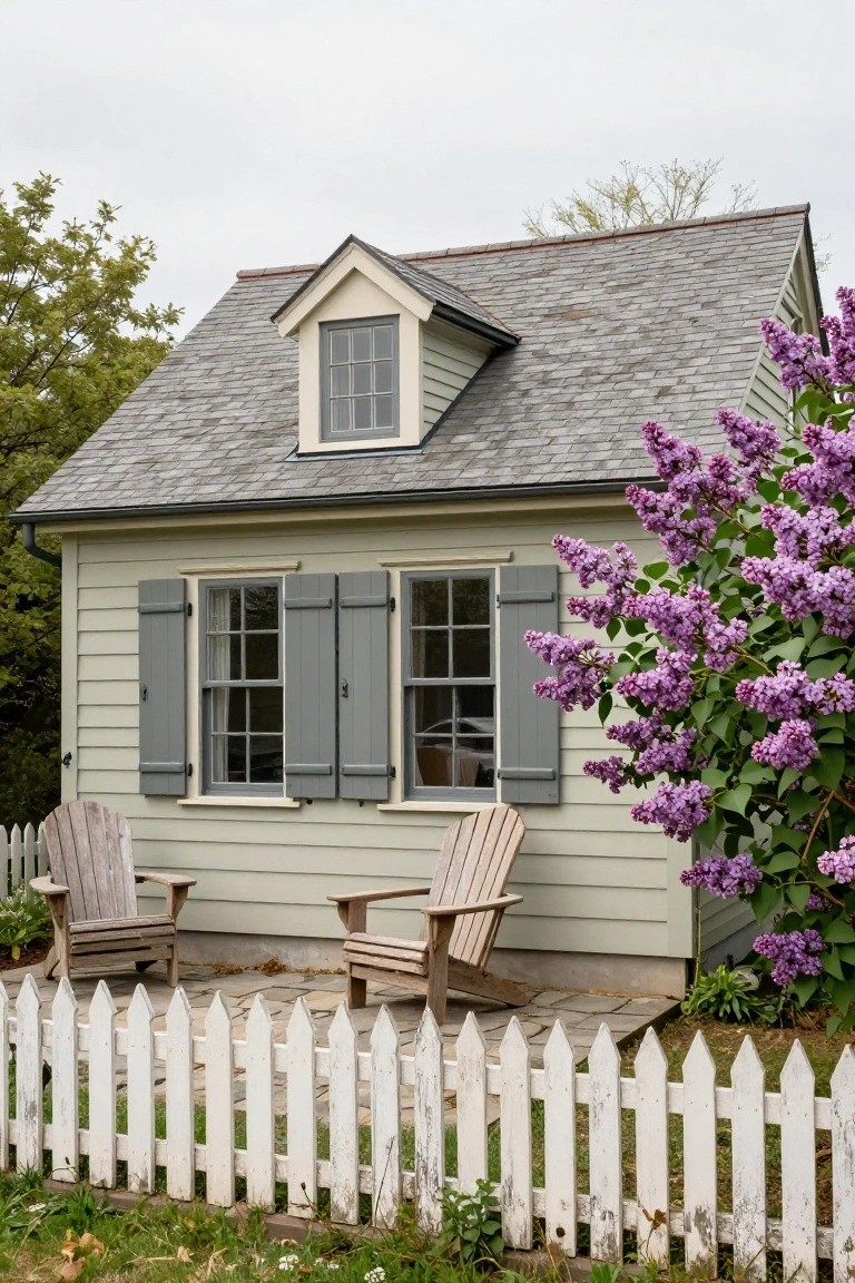Pale green clapboard house with gray board-and-batten shutters on double-hung multi-pane windows, slate shingle roof with dormer window, two Adirondack chairs on wooden deck, white picket fence, and blooming purple lilac bush.