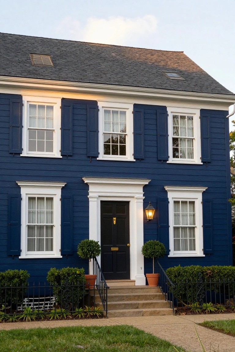 A two-story navy blue colonial house with white trim, symmetrical multi-pane windows flanked by matching navy shutters, black front door with brass knocker, lantern light, potted boxwoods, and iron railing at the entry steps.