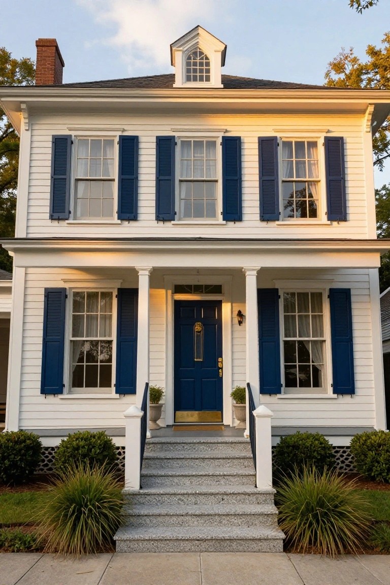 Two-story white colonial house with navy blue shutters on multi-pane windows, matching navy front door, white porch columns, granite entry steps, potted plants, and low evergreen shrubs in the front yard.