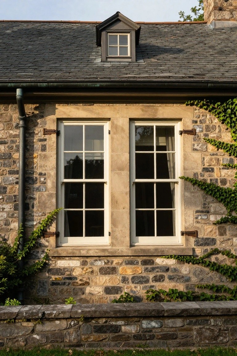 Stone house exterior with two tall double-hung sash windows featuring divided panes, ivy climbing the walls, copper gutter, slate roof with dormer, and low stone wall on grass.