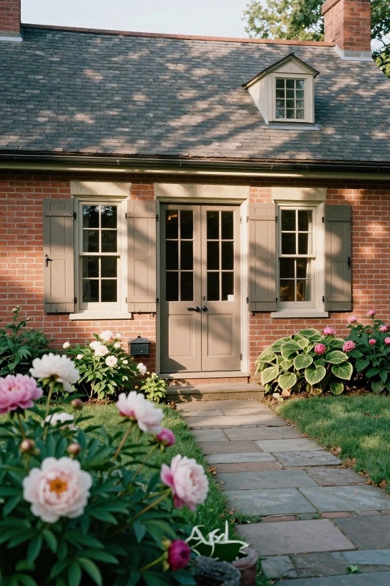 Brick colonial house exterior with slate roof and dormer window, featuring two multi-pane sash windows with gray louvered shutters flanking a central double wood door, peony plants along a flagstone pathway in front.