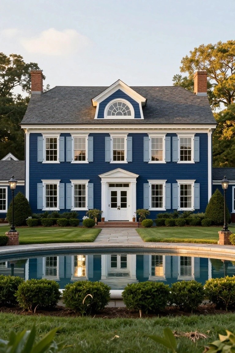 A two-story navy blue clapboard colonial house with white trim, symmetrical multi-pane windows flanked by blue shutters, a central pedimented entry with double doors, brick chimneys, and a reflecting pool in the front yard flanked by lanterns and shrubs.