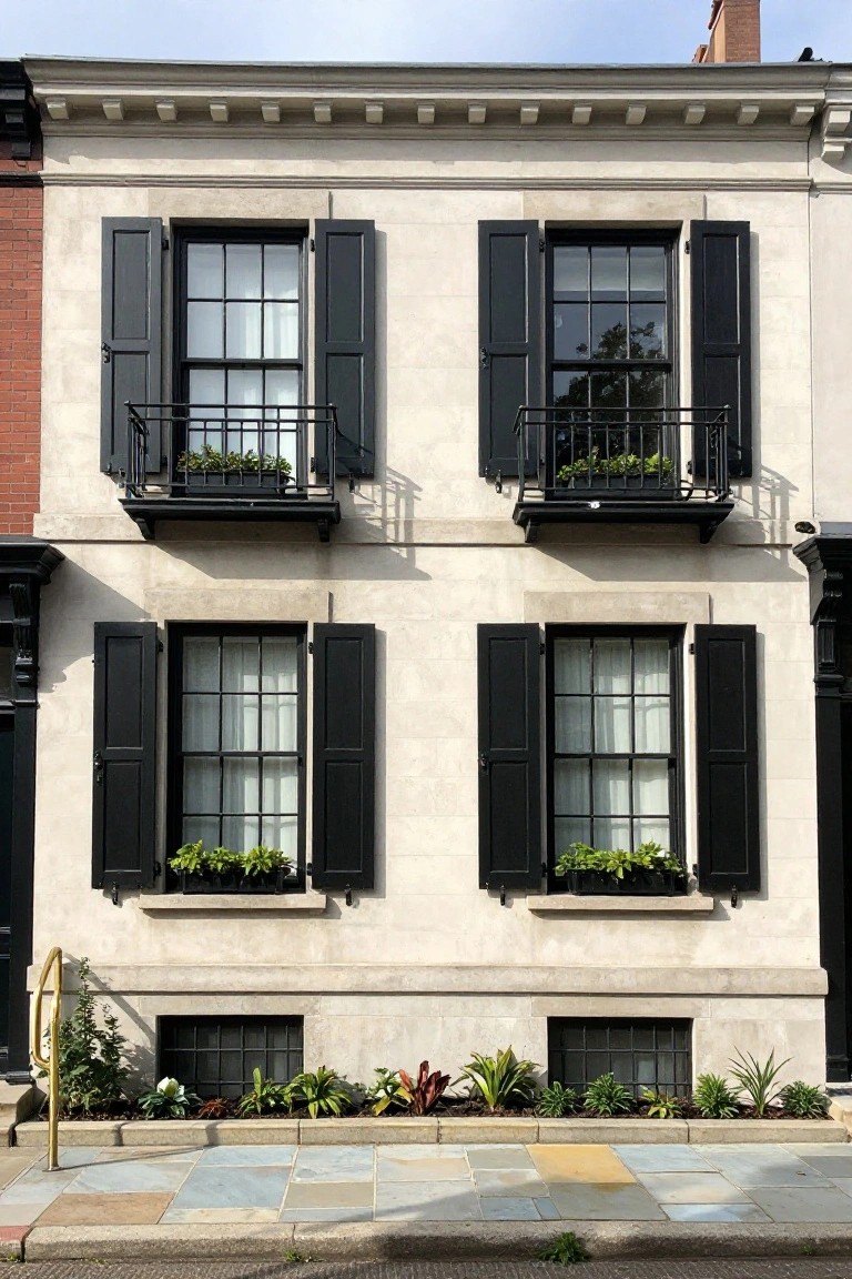 Beige stucco townhouse exterior with symmetrical tall multi-pane windows framed by black shutters, upper windows featuring wrought-iron balconies with planters, lower windows with plant boxes, and ground-level plants along the base on a slate walkway.