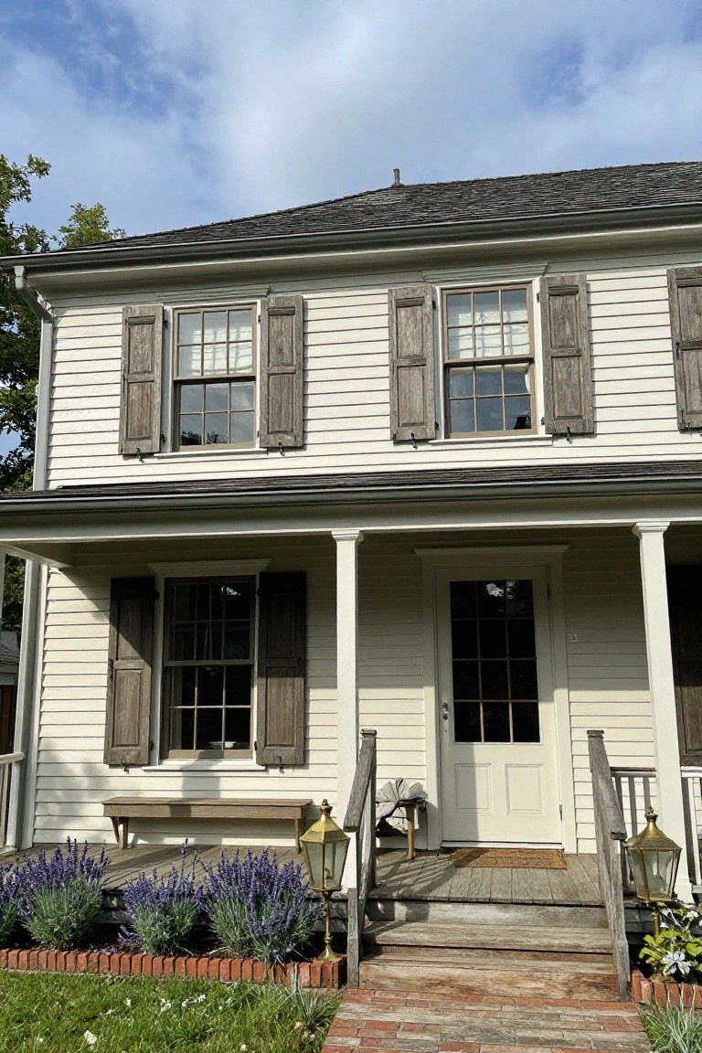 Two-story white clapboard colonial house with dark shingle roof, multi-pane double-hung windows flanked by weathered wooden shutters, covered front porch with columns, wooden bench, lanterns, lavender plants, and brick path.