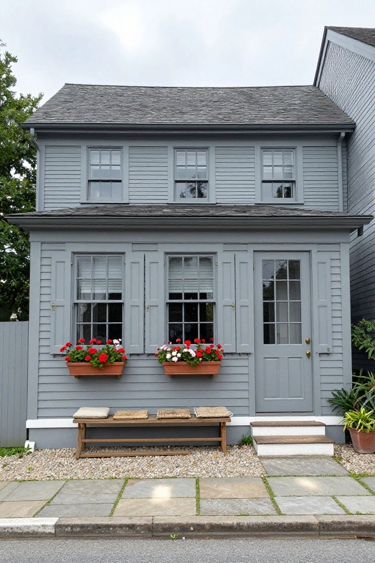 Gray clapboard two-story house with multiple windows featuring red geranium flower boxes, a gray front door with sidelights, wooden bench, gravel ground cover, and pavers leading to the entry.