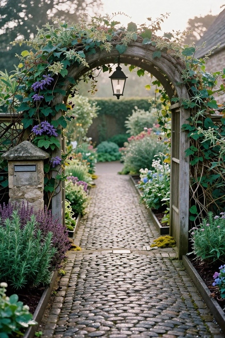 Wooden arched trellis covered in green vines and purple flowers with a black lantern hanging from the center, framing a cobblestone path edged by flower beds and shrubs in a garden setting.