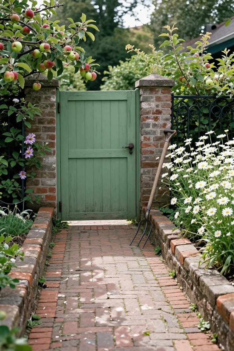 Green wooden gate in brick wall posts approached by brick path with low brick border walls on both sides, surrounded by apple trees bearing fruit, daisies, and other garden plants.