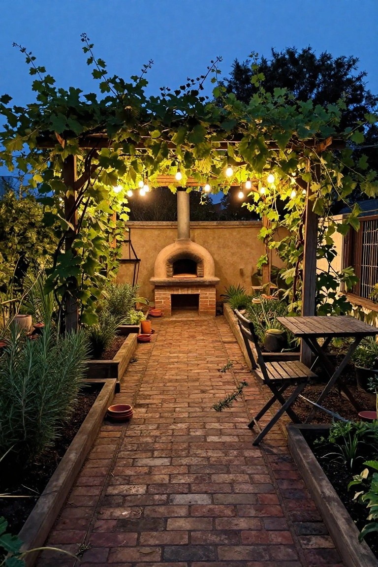 Brick pathway bordered by wooden raised garden beds with herbs and plants leads under a grapevine-covered wooden arbor strung with lights to a clay outdoor oven, wooden table with chairs, and more plantings in a backyard at dusk.