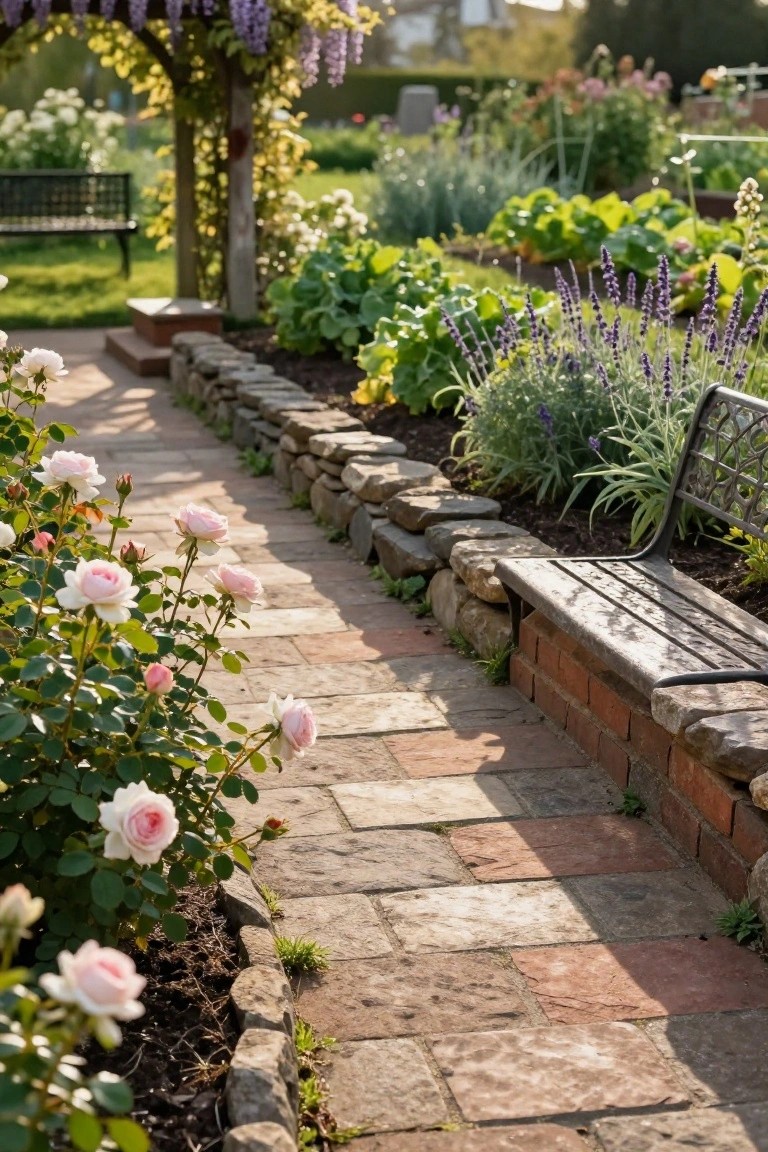 A brick garden path bordered by a dry-stacked stone wall with clusters of pink roses, lavender plants, and a wrought-iron bench, under a distant wisteria-covered wooden archway.
