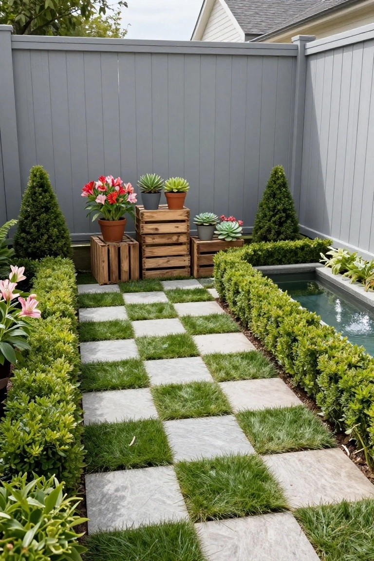 Gray wooden fence encloses a garden path of alternating light gray stone squares and grass squares lined by low boxwood hedges leading to a small rectangular pond with plants and wooden crates of succulents nearby.
