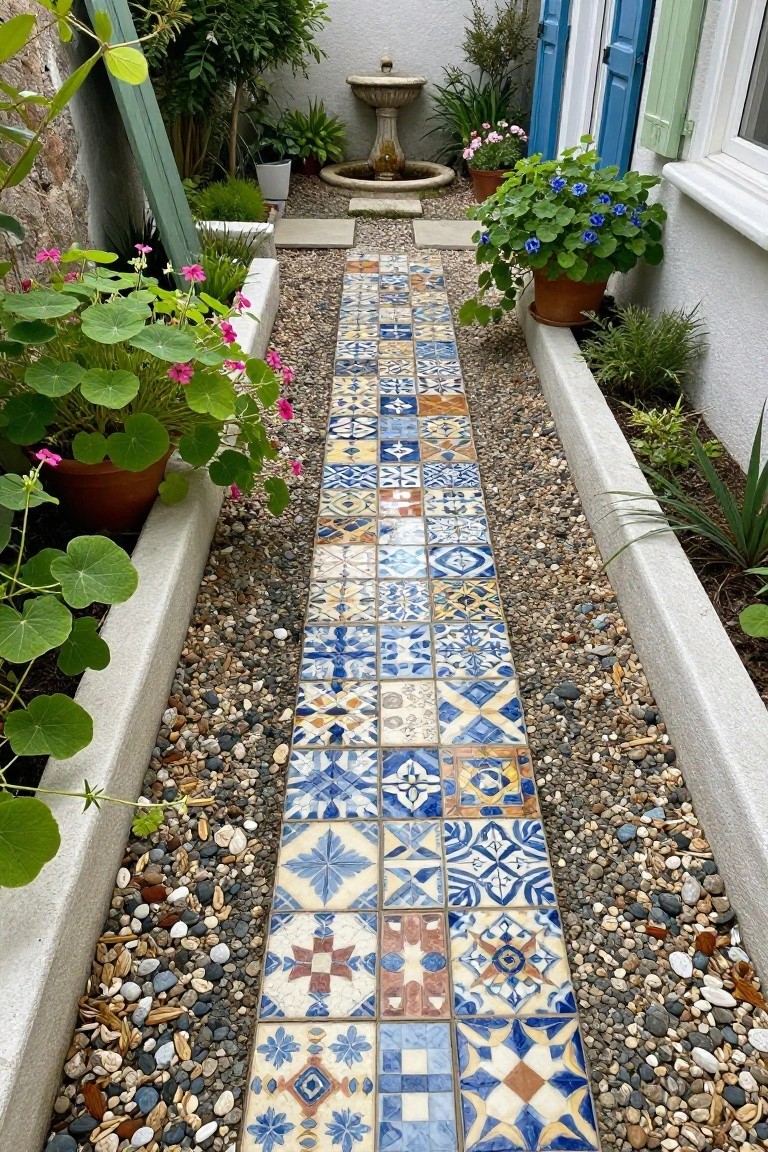 Narrow garden path of assorted blue, white, yellow, and terracotta patterned tiles set into light gravel, bordered by low white walls with potted and planted greenery including pink and blue flowers, leading to turquoise shutters on a white building.