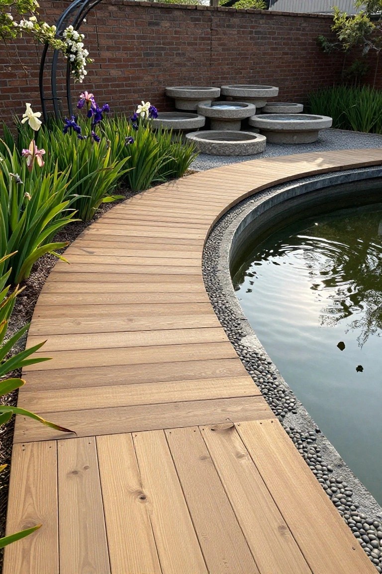Curved wooden boardwalk path alongside a dark pond with pebble edging, surrounded by iris plants and stacked concrete planters against a brick wall with an arched metal trellis holding white flowers.