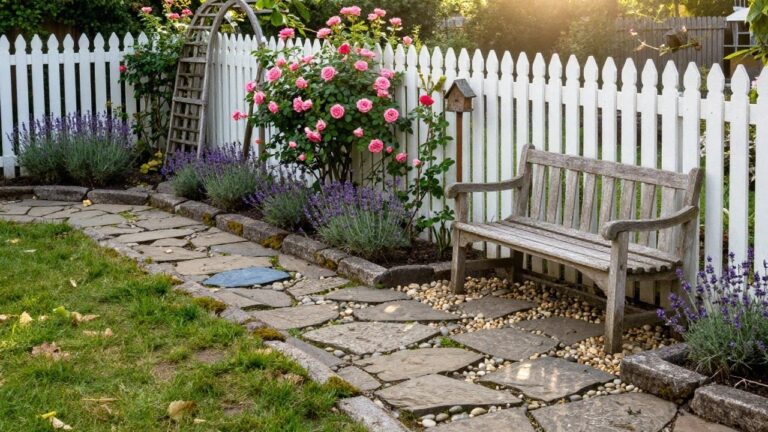 Stone garden path edged with lavender plants and pebbles alongside a white picket fence, passing under a wooden pergola covered in pink climbing roses with a bench beneath and birdhouse on a post.