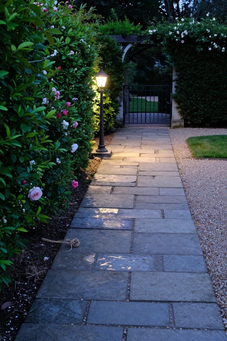 Stone pathway edged by green hedges with pink and white flowers leads to a black wrought iron gate beneath a wooden archway, lit by a lamp post beside gravel and lawn at dusk.