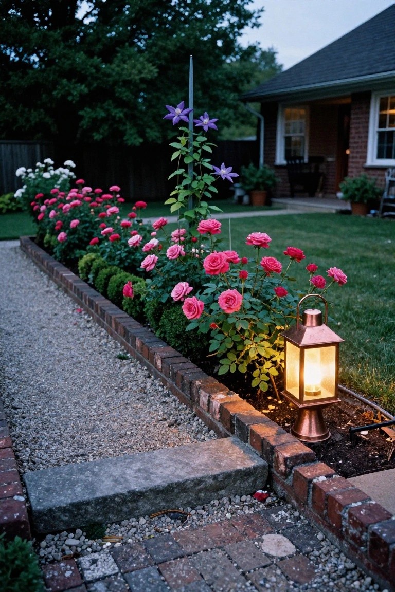 Gravel garden path bordered by low brick walls containing pink rose bushes and boxwood hedges, with a lit copper lantern along the edge, purple clematis on a metal pole, and a brick house nearby at dusk.